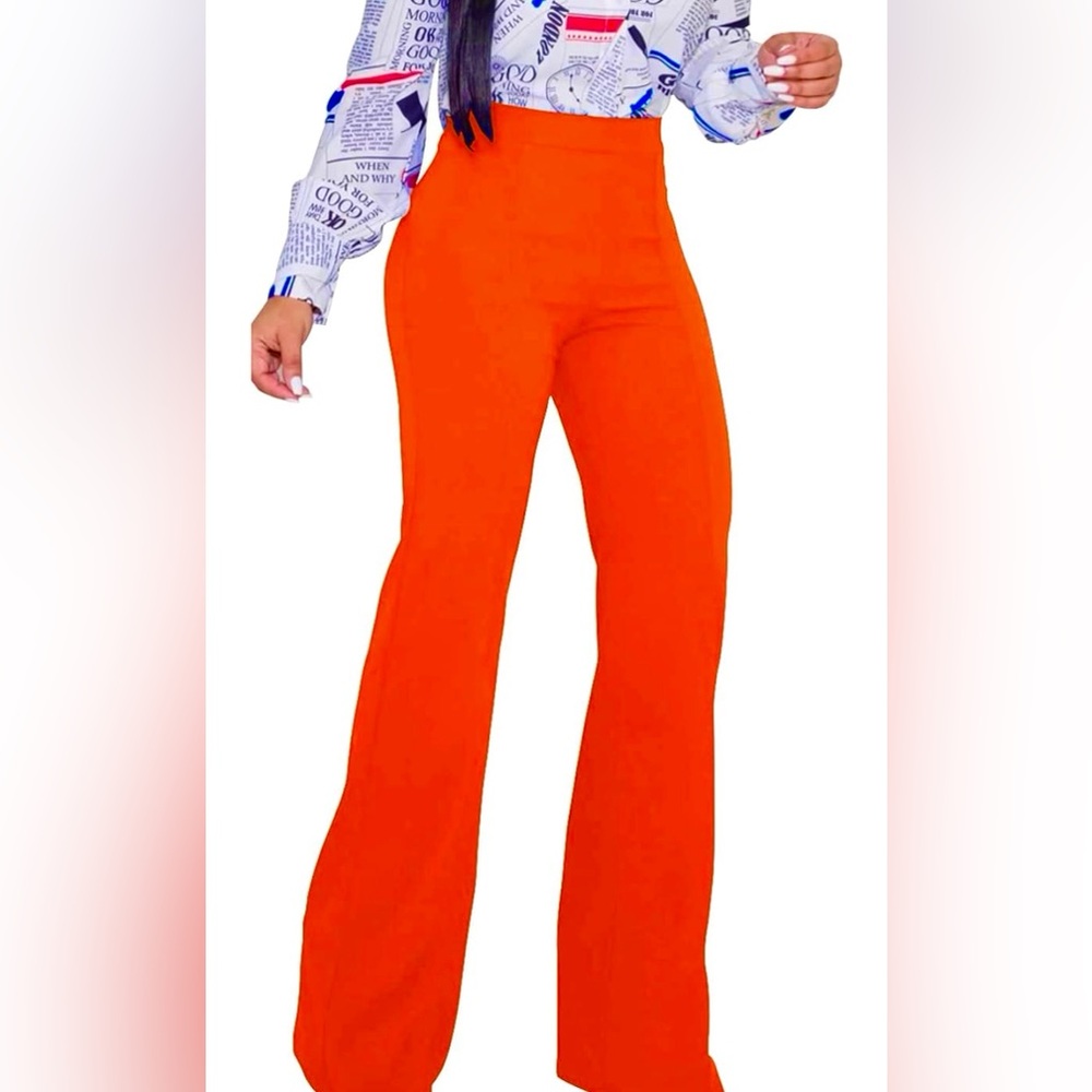 Women’s size Large Orange High-Waisted Flare Pants, L:43”, Hip to Hip: 14”-16”